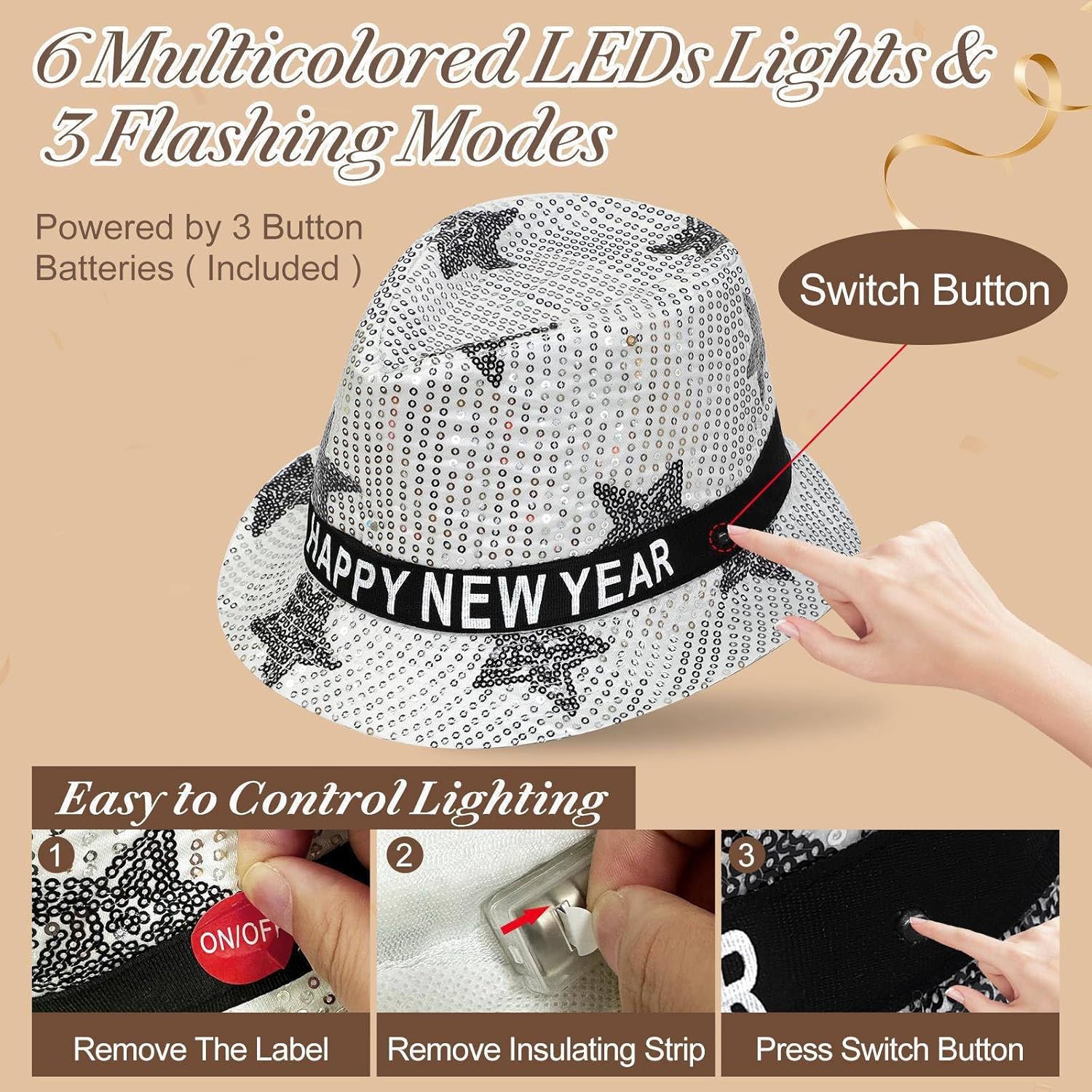 3 Pack Happy New Years Hats Sequin