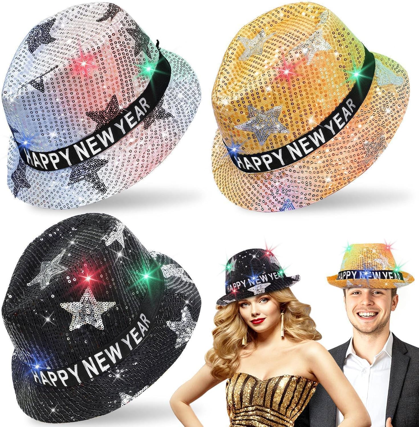 3 Pack Happy New Years Hats Sequin